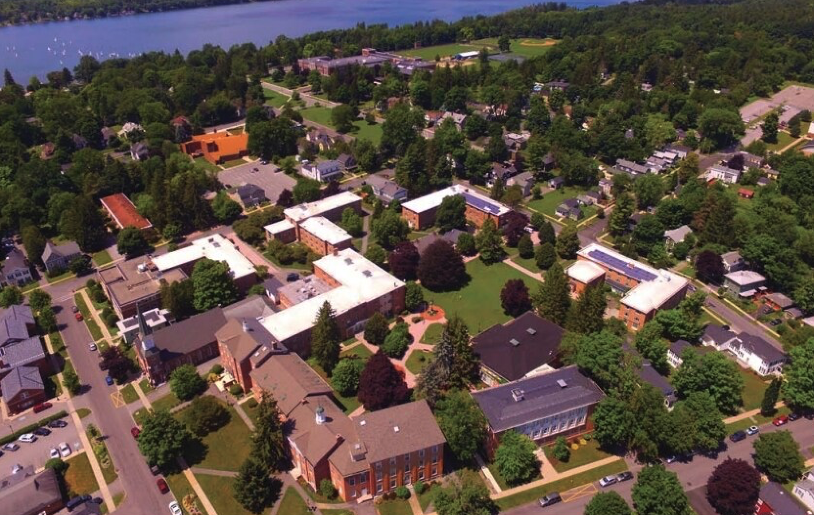 Aerial view of Cazenovia College campus with Cazenovia Lake