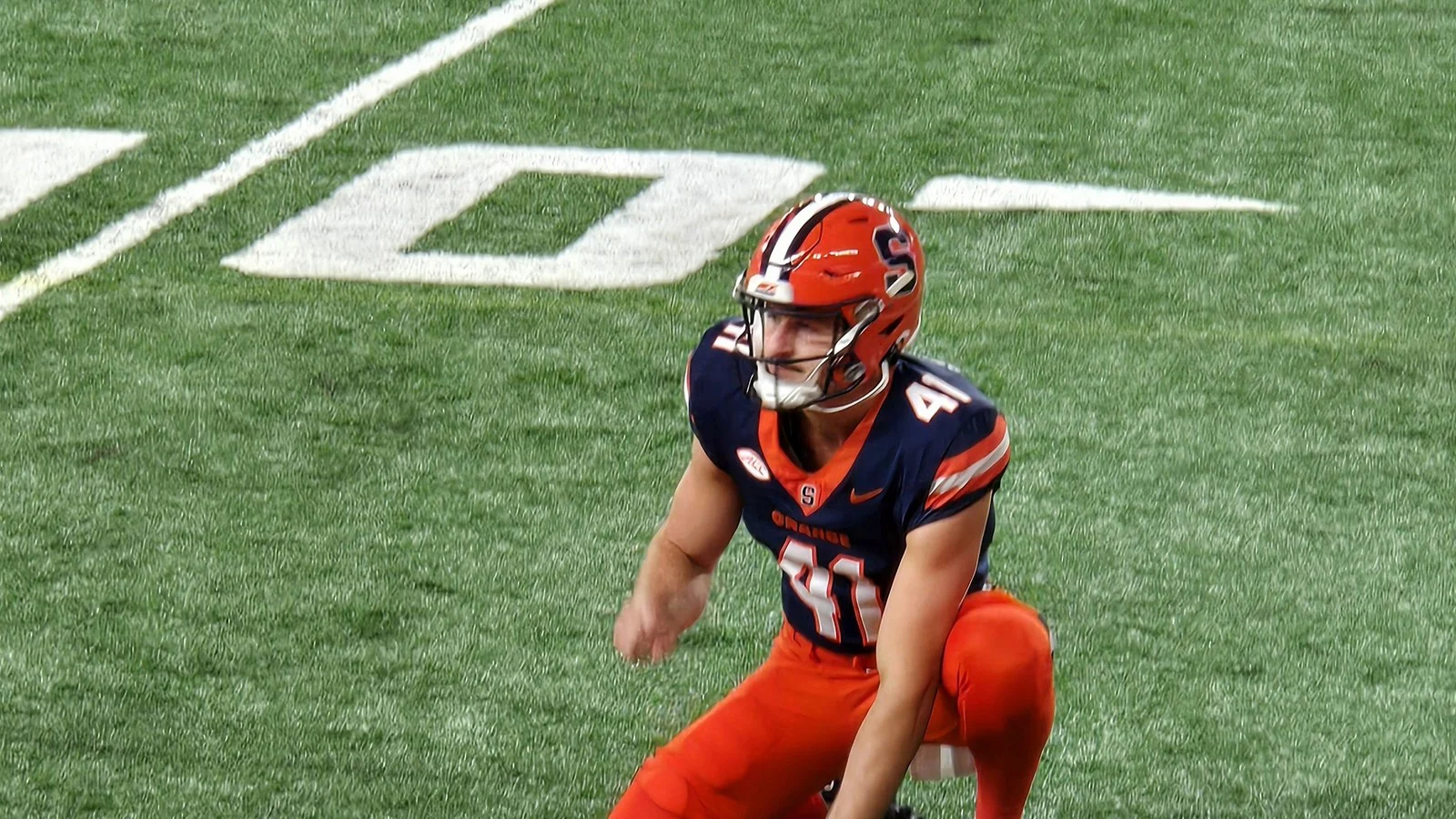 Syracuse punter Jack Stonehouse (#41) at the JMA Wireless Dome during pregame warmups, September 2024.