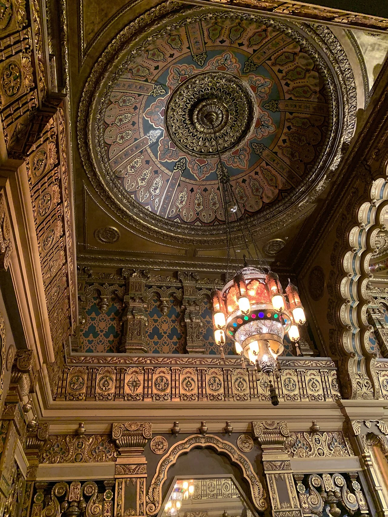 Ornate ceiling and chandelier inside the Landmark Theatre in Syracuse