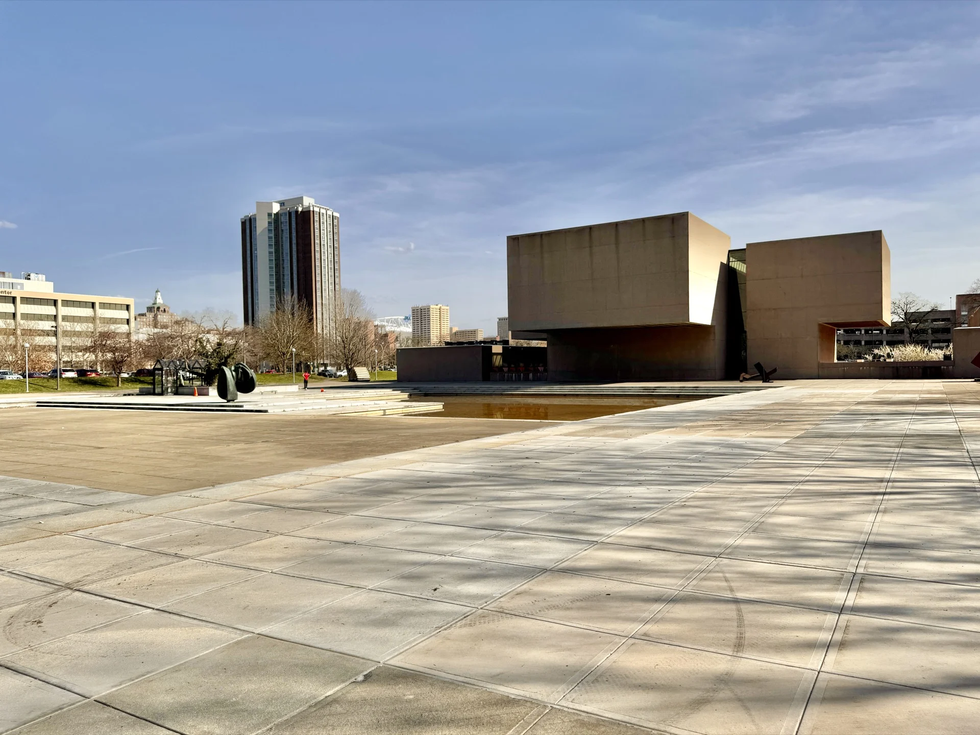 The brutalist concrete cantilevered facade of the Everson Museum of Art at Harrison and State Streets, Syracuse, the 1968 I.M. Pei building.