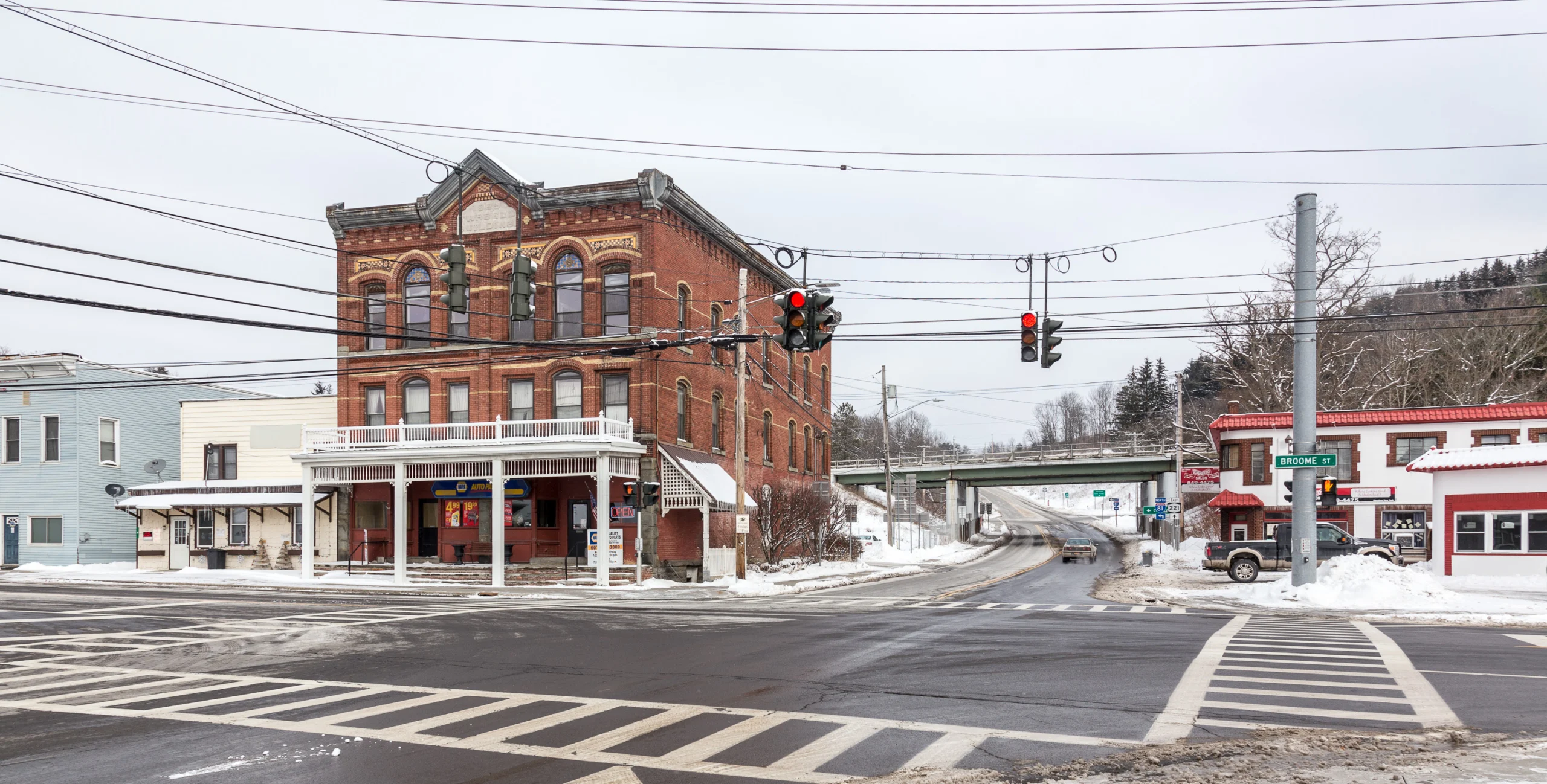 The brick commercial block at the Broome Street and Main Street corner in Marathon, New York