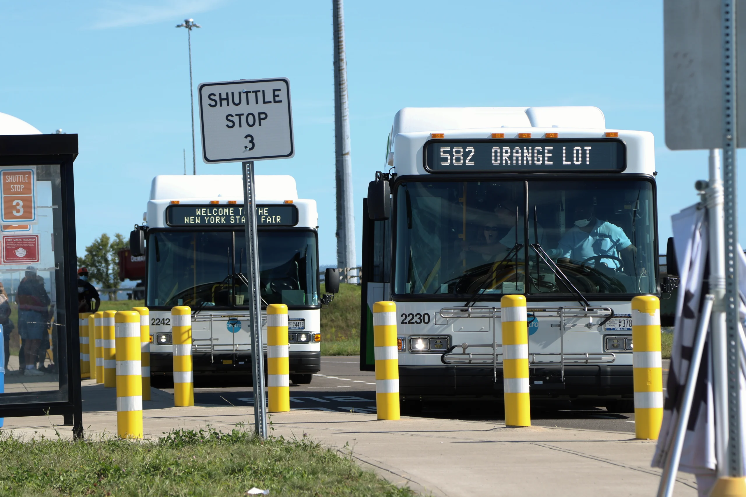 Shuttle buses lined up at the New York State Fair in Geddes, New York