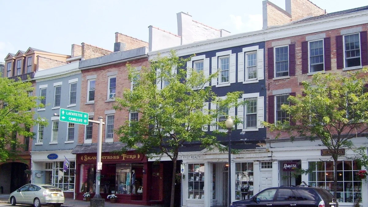 Storefronts along East Genesee Street in the village of Skaneateles, New York.