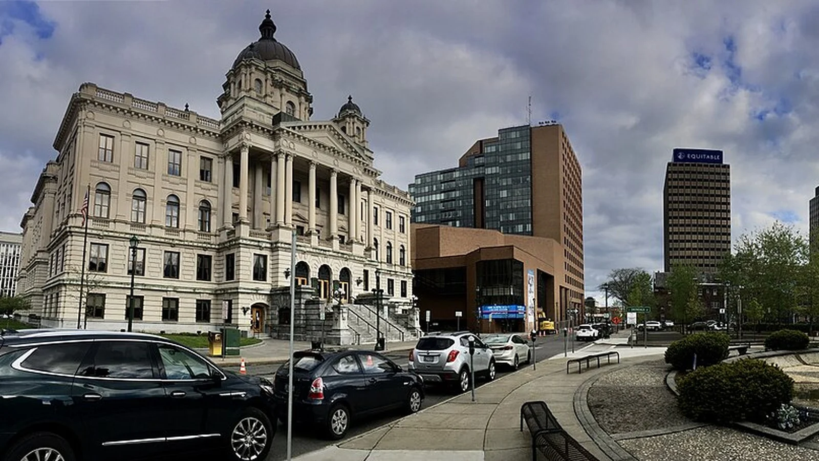 Columbus Circle in downtown Syracuse showing the county courthouse and surrounding civic buildings