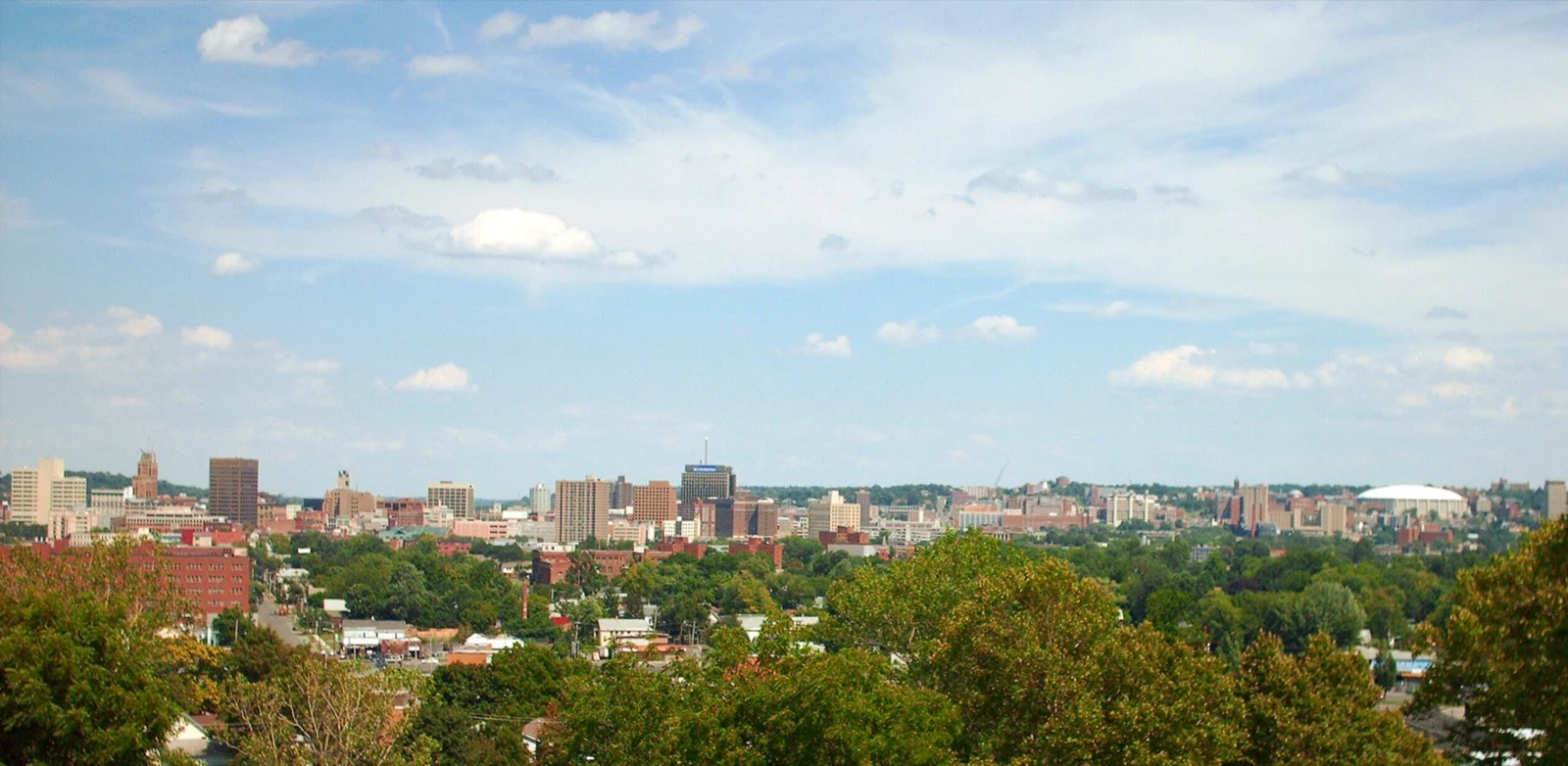 The Syracuse New York skyline seen from a hillside above the city in summer