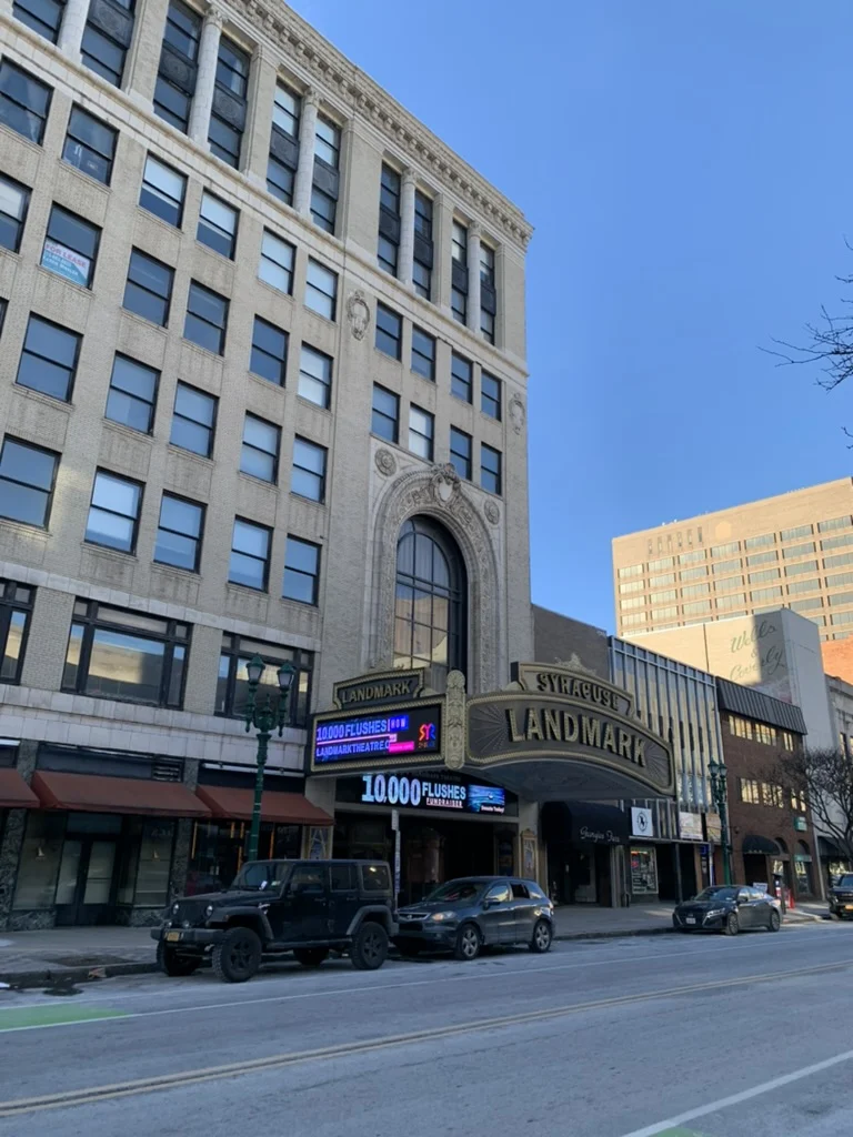 The marquee and facade of the Syracuse Landmark Theatre in downtown Syracuse