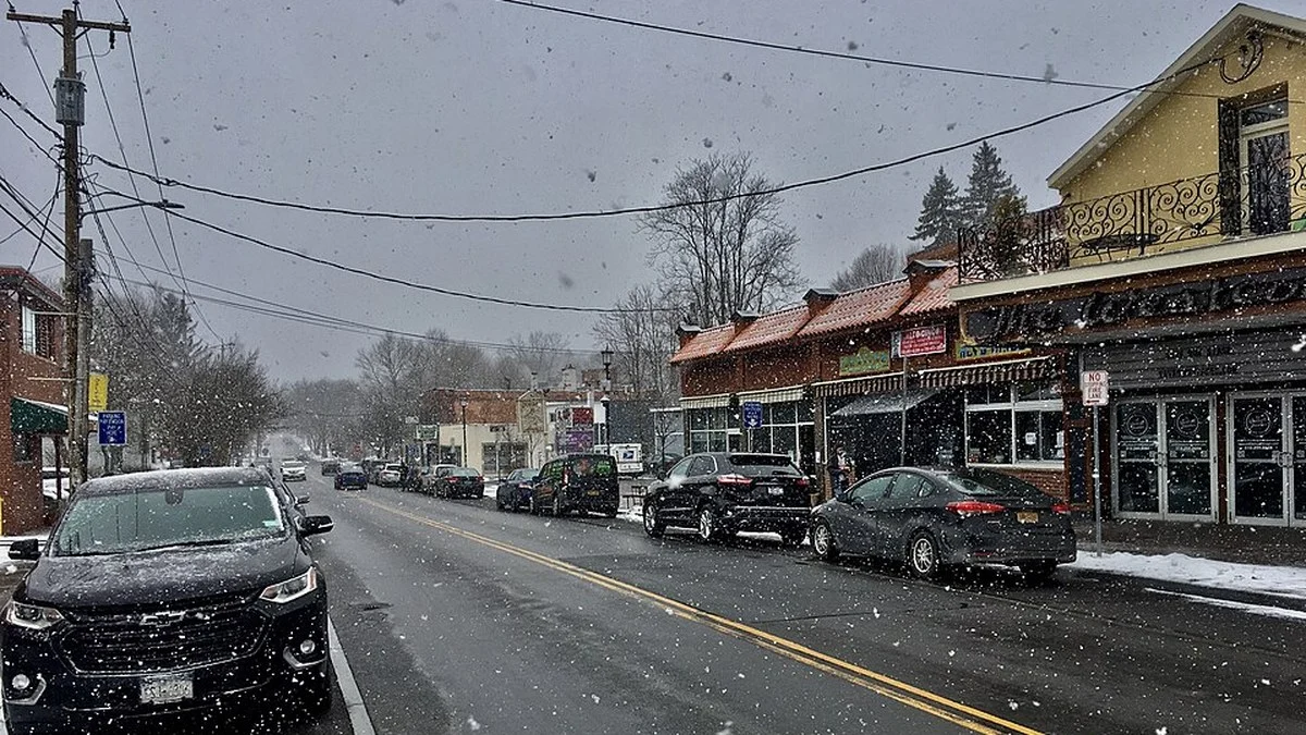 Snow falling on Westcott Street in Syracuse, New York, with parked cars and storefronts.
